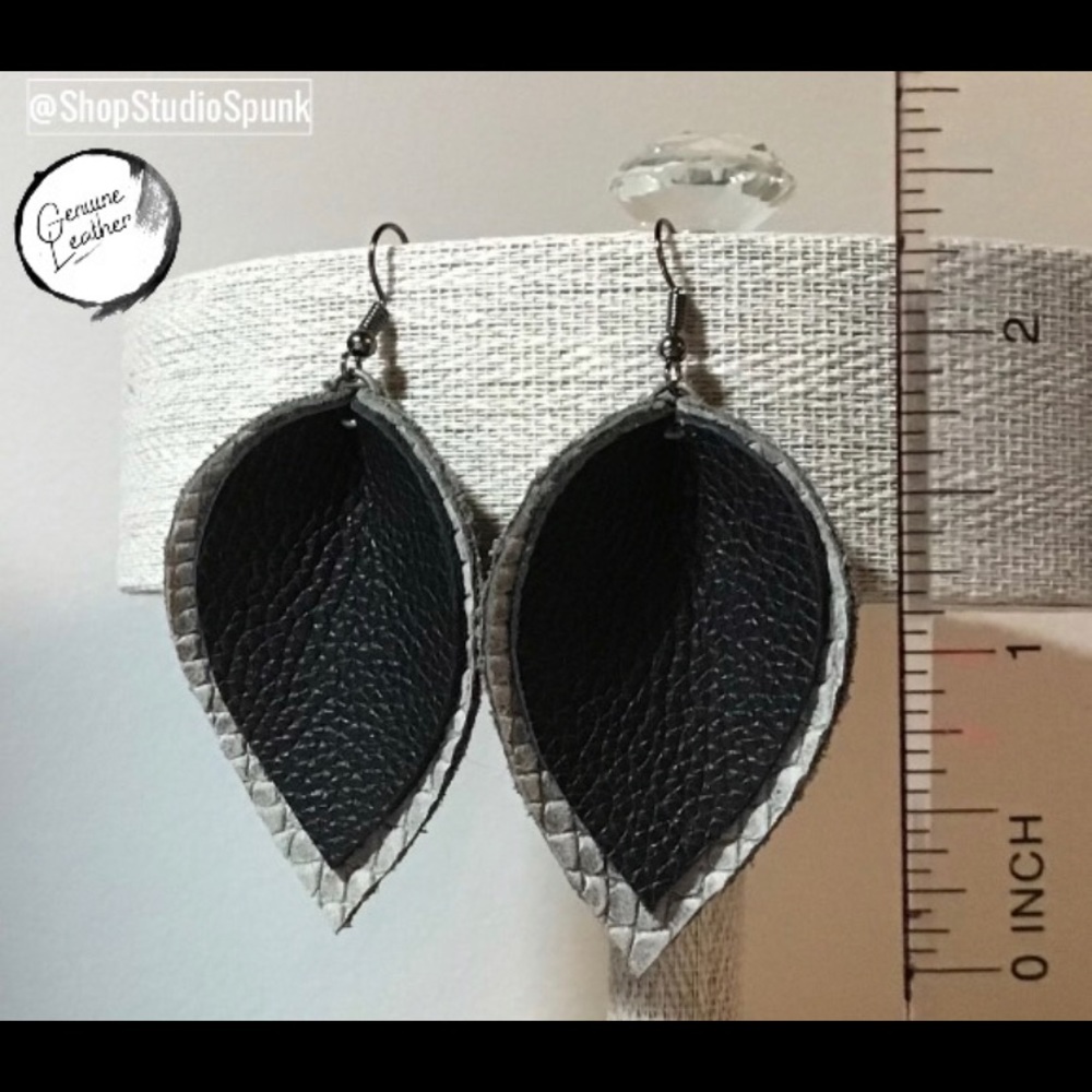 Grey Snakeskin & Black Genuine Leather Earrings